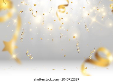 Golden confetti falls on a beautiful background. Falling streamers on stage.	
