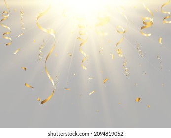 Golden confetti falls on a beautiful background. Falling streamers on stage.	
