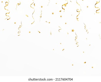 Golden confetti falls on a beautiful background. Falling streamers on stage.	