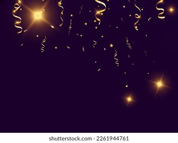 Golden confetti falls on a beautiful background. Falling streamers on stage.	
