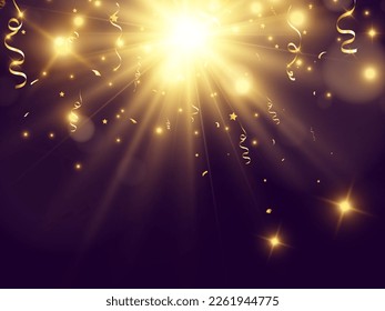 Golden confetti falls on a beautiful background. Falling streamers on stage.	
