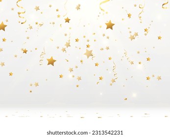 Golden confetti falls on a beautiful background. Falling streamers on stage.	