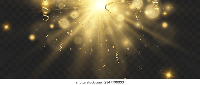 Golden confetti falls on a beautiful background. Falling streamers on stage.	
