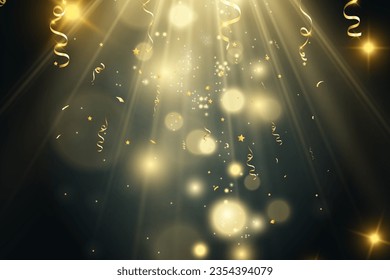 Golden confetti falls on a beautiful background. Falling streamers on stage.	
