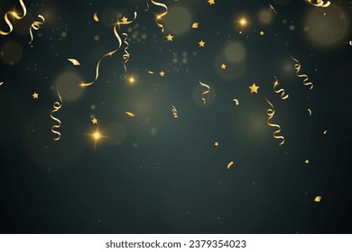 Golden confetti falls on a beautiful background. Falling streamers on stage.