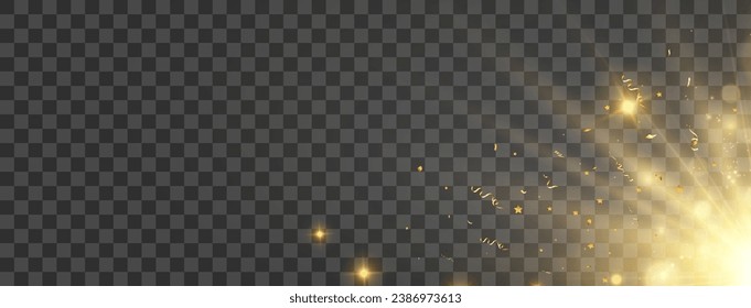 	

Golden confetti falls on a beautiful background. Falling streamers on stage.	
