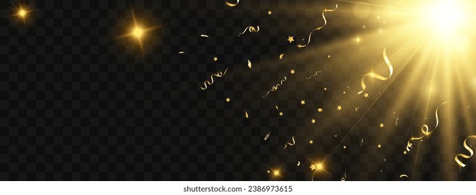 	

Golden confetti falls on a beautiful background. Falling streamers on stage.	
