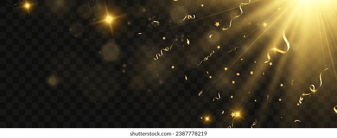 Golden confetti falls on a beautiful background. Falling streamers on stage.