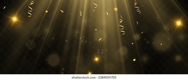 Golden confetti falls on a beautiful background. Falling streamers on stage.	
