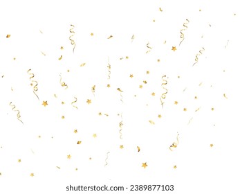 Golden confetti falls on a beautiful background. Falling streamers on stage.