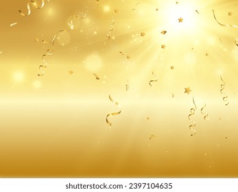 Golden confetti falls on a beautiful background. Falling streamers on stage.