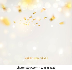 Golden confetti falls on gray background. Vector illustration.