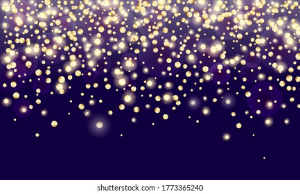 Golden Confetti.  Festive background, design for cards, invitations. Abstract texture on a violet background. Design element. Vector illustration, eps 10.