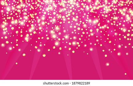 Golden Confetti. Festive background, design for cards, invitations. Abstract texture on a pink background.