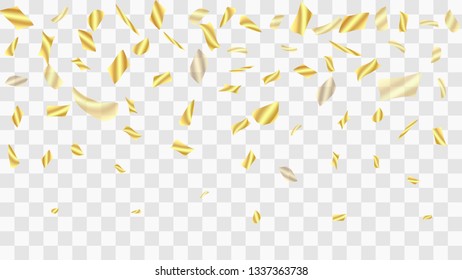 Golden confetti. Festive background. Falling shiny confetti. Golden confetti background. Vector golden design elements. Festive tinsel. Template for holiday card, banner, solemn presentation, mockup.