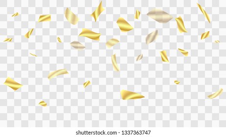 Golden confetti. Festive background. Falling shiny confetti. Golden confetti background. Vector golden design elements. Festive tinsel. Template for holiday card, banner, solemn presentation, mockup.