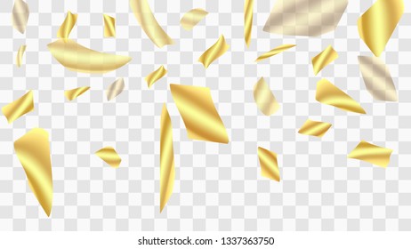 Golden confetti. Festive background. Falling shiny confetti. Golden confetti background. Vector golden design elements. Festive tinsel. Template for holiday card, banner, solemn presentation, mockup.