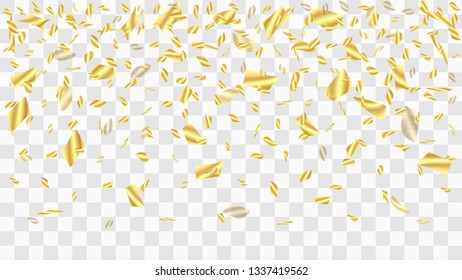 Golden confetti. Festive background. Falling shiny confetti. Golden confetti background. Vector golden design elements. Festive tinsel. Template for holiday card, banner, solemn presentation, mockup.