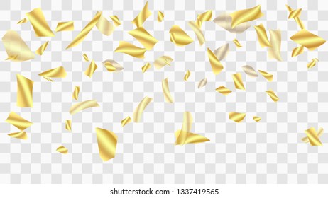 Golden confetti. Festive background. Falling shiny confetti. Golden confetti background. Vector golden design elements. Festive tinsel. Template for holiday card, banner, solemn presentation, mockup.