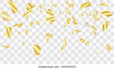 Golden confetti. Festive background. Falling shiny confetti. Golden confetti background. Vector golden design elements. Festive tinsel. Template for holiday card, banner, solemn presentation, mockup.