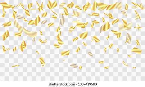 Golden confetti. Festive background. Falling shiny confetti. Golden confetti background. Vector golden design elements. Festive tinsel. Template for holiday card, banner, solemn presentation, mockup.