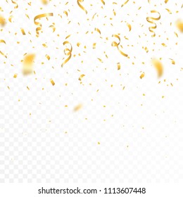 Golden confetti and festive ribbons. Falling realistic glitters with confetti, defocused and bokeh effect, transparent background. Vector