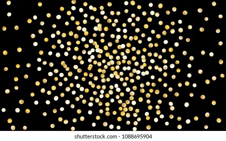 Golden Confetti. Festive Texture with Tinsels on Black Background. Dark Luxury Pattern for Christmas and New Year Decoration, Birthday Invitation, Poster or Greeting Card. Vector Gold Confetti.