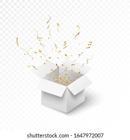 Golden Confetti. Festive vector background. Explosion of candy out of the box. Happy Birthday. Birthday invitation banners. Vector illustration