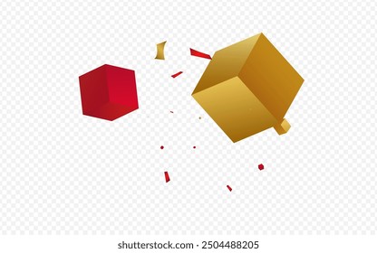 Golden Confetti Fly Abstract Vector Transparent Background. Yellow Square Falling Party Design. Orange Shape Render Banner. Isolated Cube Metal Illustration.