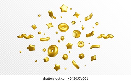 Golden confetti flying in air. Vector realistic illustration of 3D glitter stars, torus, serpentine ribbons, cubes, curls isolated on transparent background, holiday firecracker explosion effect