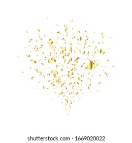 Golden confetti flying on white background. Party gold confetti, serpentine. Confetti explosion. Bright festive tinsel. Holiday design elements. Vector illustration