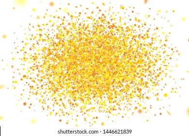 Golden confetti. Flying randomly glitter tinsel. Shiny isolated round particles on white background. Vector celebration illustration for carnival, party, anniversary or birthday