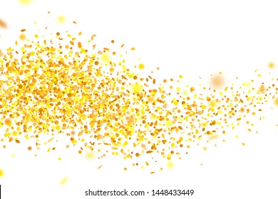 Golden confetti. Flying randomly glitter tinsel. Shiny isolated round particles on white background. Vector celebration illustration for carnival, party, anniversary or birthday