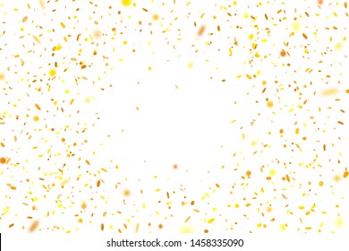 Golden confetti. Flying randomly glitter tinsel. Shiny isolated round particles on white background. Vector celebration illustration for carnival, party, anniversary or birthday