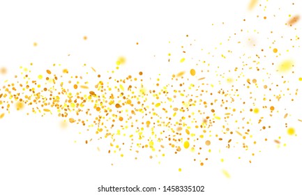 Golden confetti. Flying randomly glitter tinsel. Shiny isolated round particles on white background. Vector celebration illustration for carnival, party, anniversary or birthday