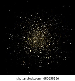 Golden confetti flying randomly on black background. Explosion particles from the center in yellow and golden colors. Gold glitter particles background effect. 