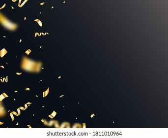 Golden confetti frame on dark background. Falling glowing gold confetti border. Party backdrop. Bright golden festive tinsel. Holiday design elements for web banner, poster,flyer. Vector illustration.