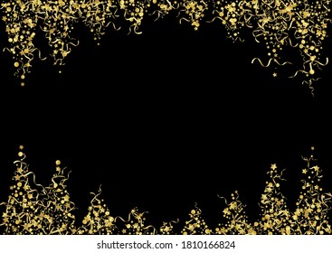 Golden Confetti Fun Vector de fondo negro. Planta Estrella Swirl. Rama del Aniversario de la Ravitud. Invitación brillante amarilla.
