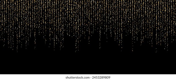 Golden confetti garland on dark background. Falling gold glitter and sparkle wallpaper. Yellow and golden shining dots repeating pattern. Magic dust sparkling decoration for Christmas. Vector backdrop