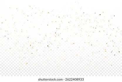 Golden Confetti Glitter Particles on Transparent Background, Sparkling Luxury Texture Element for Celebration and Decoration.