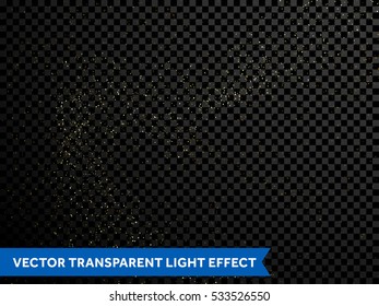 Golden confetti glitter particles. Vector festive falling shiny stars. Sparkling gold dust texture on transparent background. Holiday decorative tinsel element for christmas, new year, wedding design