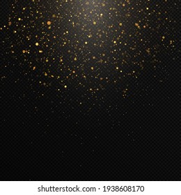 Golden confetti and glitter texture on a black background.