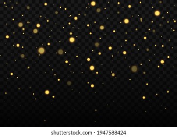 Confeti dorado y textura brillante sobre un fondo negro. Efecto brillante de las partículas. Las chispas de polvo y las estrellas doradas brillan con luz especial.
