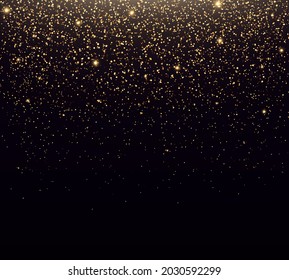 Golden confetti and glitter texture on a black background.