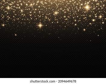 Golden confetti and glitter texture on a black background.
Glitter effect of particles. The dust sparks and golden stars shine with special light.