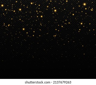 Golden confetti and glitter texture on black background. Sparkling space magical dust particles. Christmas concept.