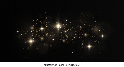 Golden confetti and glitter texture on black background. Sparkling space magical dust particles. Christmas concept.