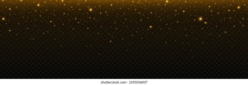 Golden confetti and glitter texture on transparent background. Sparkling magical gold yellow dust particles. Beautiful sparks shine with special light.
