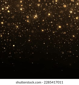 Golden confetti and glitter texture on black background. Sparkling space magical dust particles. Christmas concept.