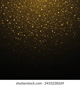 Golden confetti and glitter texture on black background. Sparkling space magical dust particles. Christmas concept.